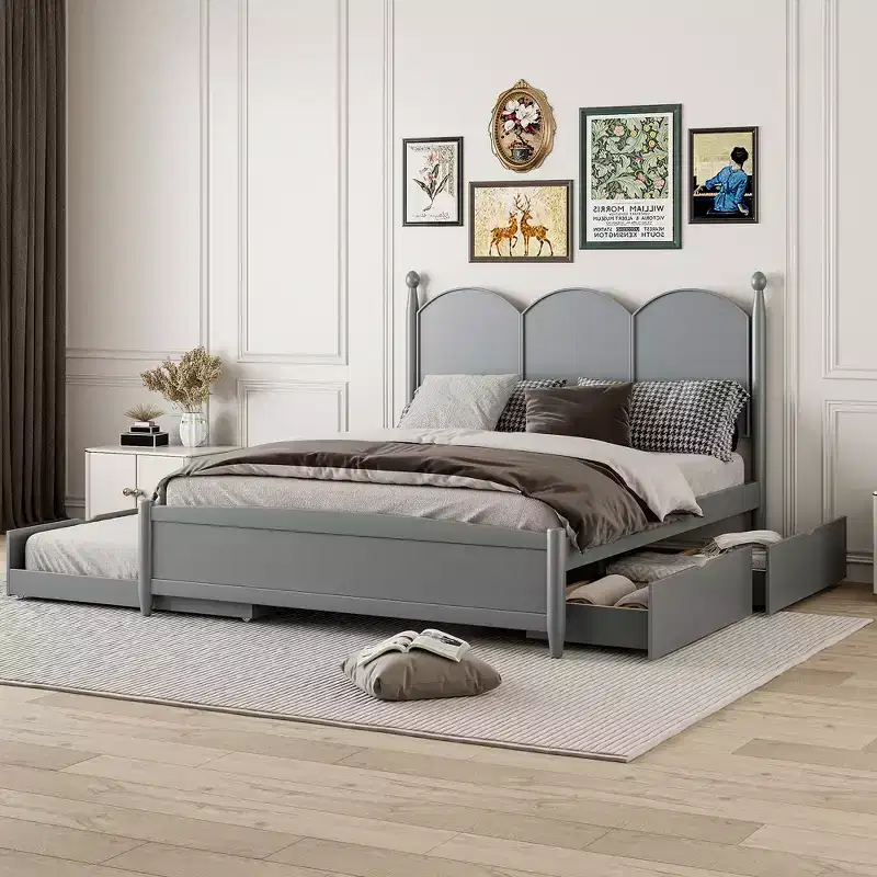 Queen Storage Bed with Twin XL Trundle, Wood Queen Size Platform Bed with 2 Storage Drawers