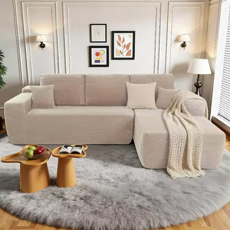 MooxvMoo Comfy Corduroy L Shaped Couch with Chaise,105 Modular Sectional Sofa with Throw Pillow & Deep Seat,No Assembly Required,Camel