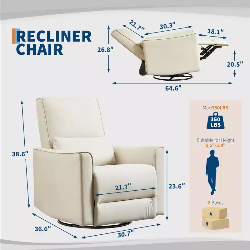 Oversized Swivel Recliner Chair, Manual Faux Leather Rocker Recliner Glider, Deep Seat Recliner Sofa with High Backrest