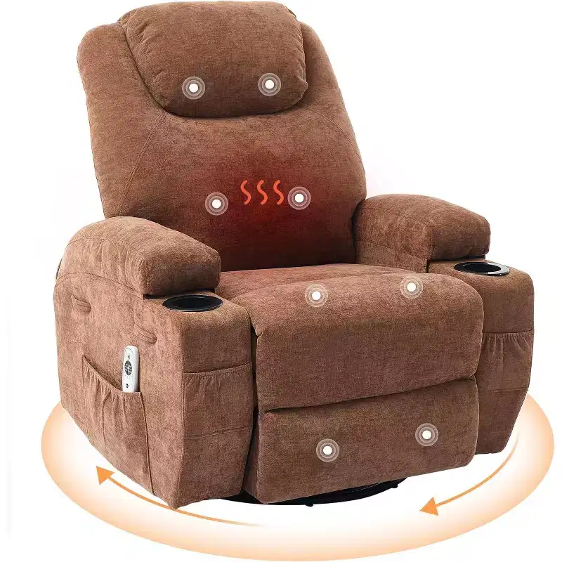 360 Swivel Rocker Recliner Chair w/Massage & Heat, 300Lb Capacity, Pine Frame, Soft Fabric, 35.4d x 39w x 41.3h