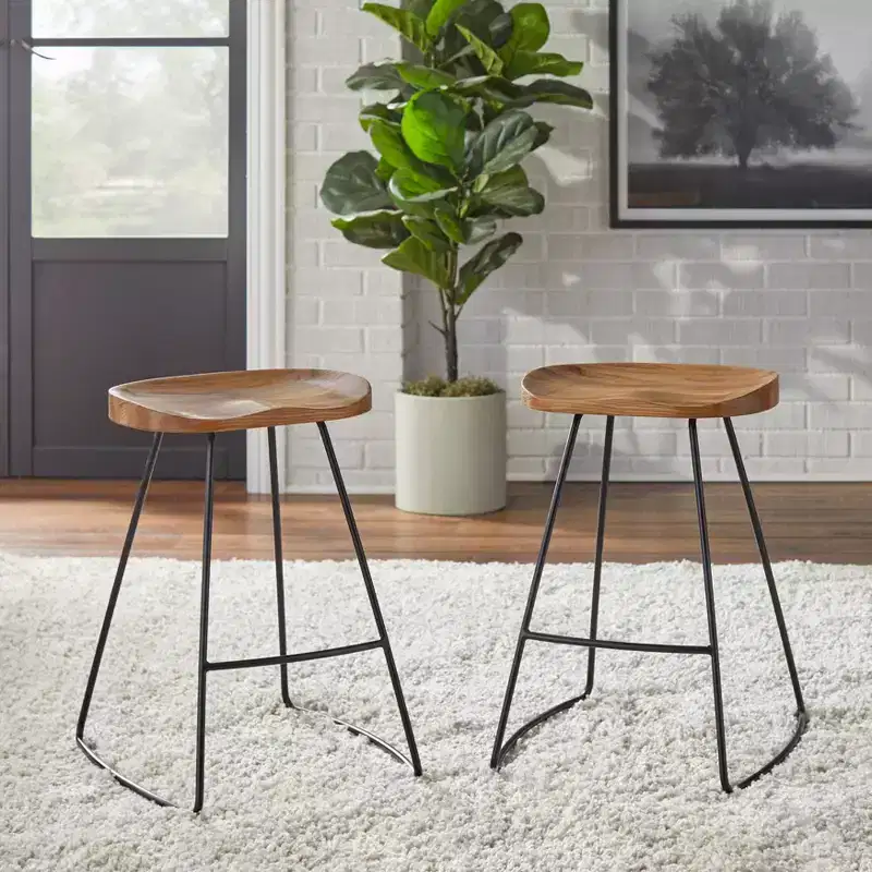 Lifestorey Set of 2 Chapman 24 Counter Height Barstool Natural: Black Frame, Pinewood, Industrial Design