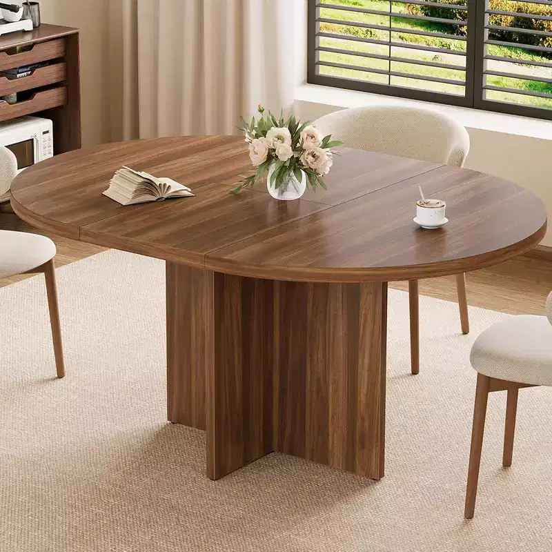 Extendable Oval Dining Table for 4-8, 59 Walnut Kitchen Table, Space-Saving Round to Oval Design for Dining Room or Kitchen