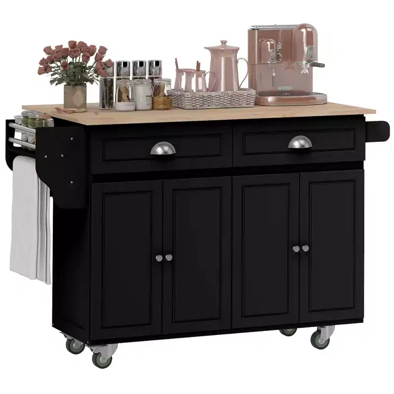HOMCOM Rolling Kitchen Island on Wheels, Kitchen Cart with Solid Wood Drop Leaf Breakfast Bar, Storage Drawers, 4-Door Cabinets, Spice Rack