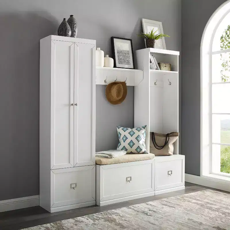 4pc Harper Entryway Set with Bench, Shelf, Hall Tree and Pantry Closet Set White - Crosley