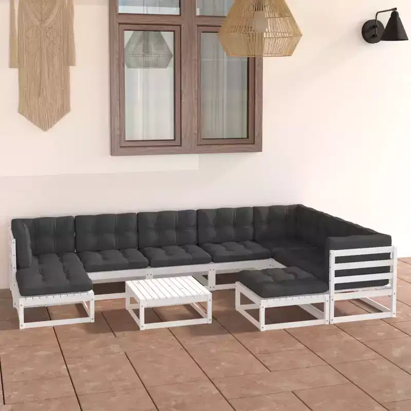 vidaXL Patio Furniture Set 10 Piece Outdoor Sectional Sofa Solid Wood Pine - White With Cushions