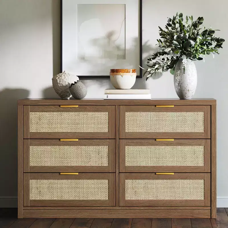 Wooden Chest with Gold Handles, Modern Storage Organizer with Smooth-Glide Drawers, Farmhouse TV Stand for Living Room, Bedroom, Entryway,