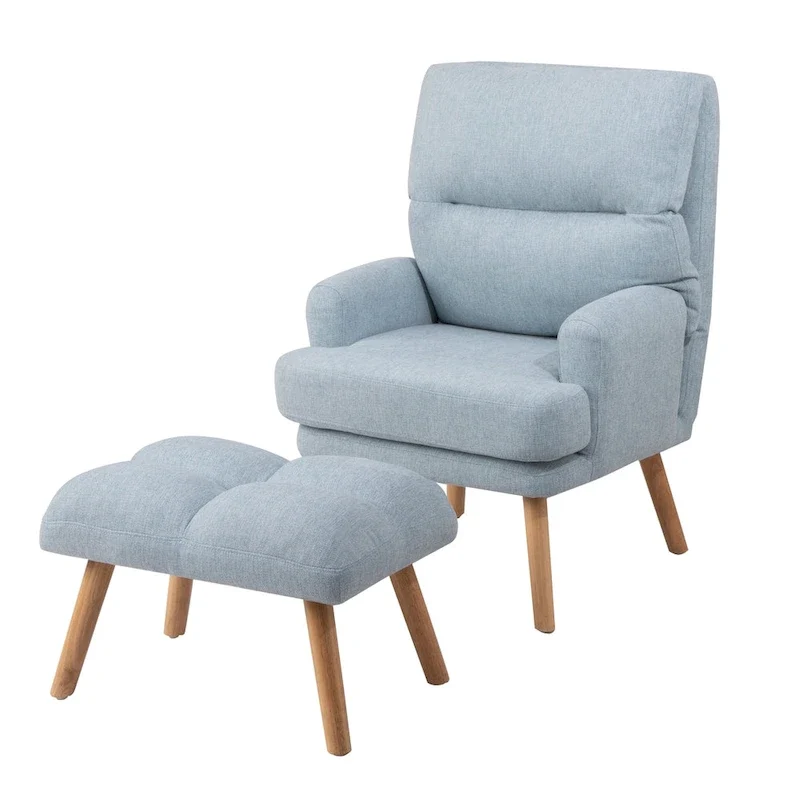 Accent Chair with Ottoman Set, Fabric Armchair with Wood Legs and Adjustable Backrest , Mid Century Modern Comfy Lounge Chair
