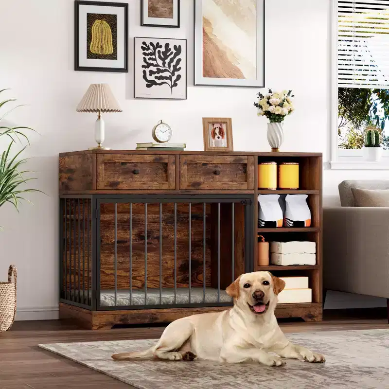 47 Dog Crate Furniture - 2 Storage Drawers, 4 Deep Shelves, Farmhouse Wooden, Extra Large Dog Cage End Table, Indoor Kennel for Large Medium Dogs