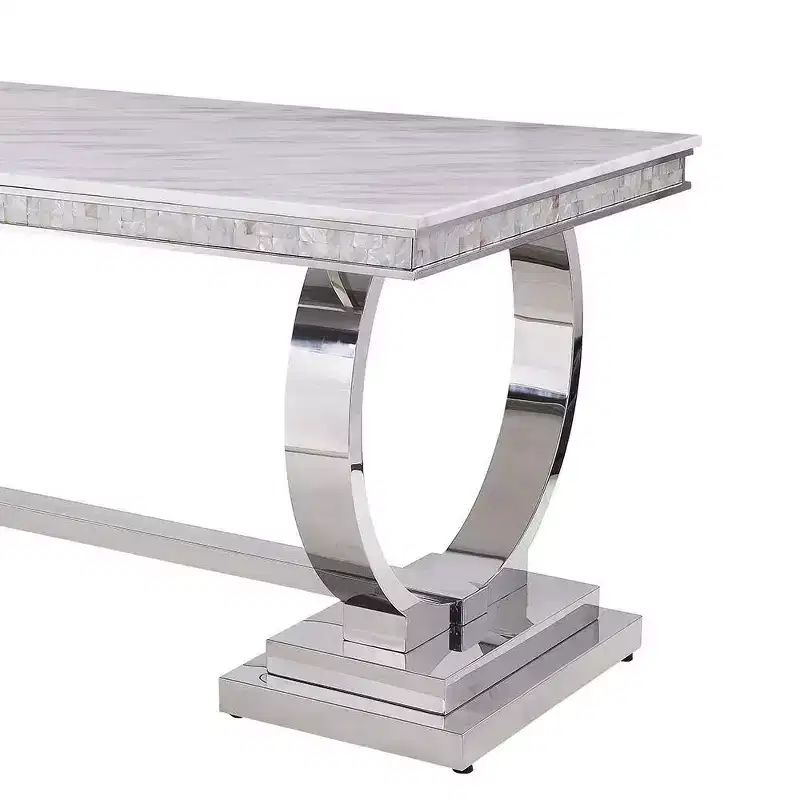 Faux Marble Top Rectangular Dining Table with Silver Pedestal Base, Seats 6, White