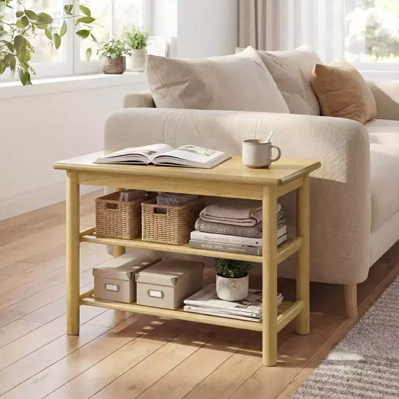 3-Tier Rubberwood Shoe Rack Bench, Freestanding Shoe Changing Bench with Slatted Shelves
