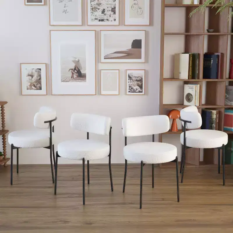 Mid-Century Modern Dining Chairs Set of 2, Round Upholstered with Curved Back & Metal Legs, Boucle Kitchen Dining Room Side Chairs