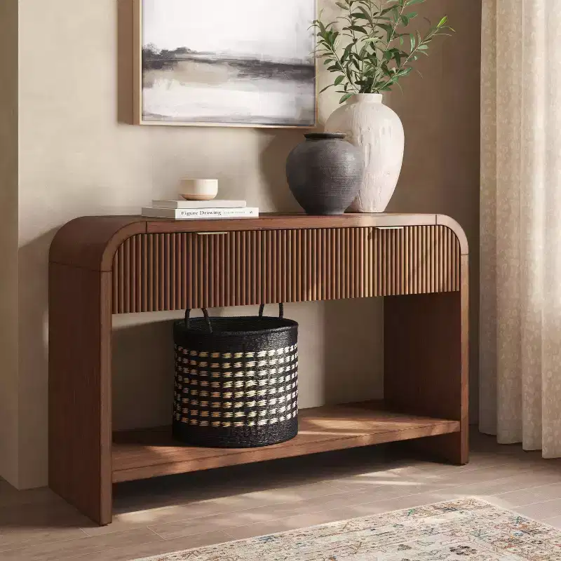 Reeded Console Table, 2 Drawers, Gold Handles, Bottom Shelf, Dark Brown Wood Veneer, 30.25