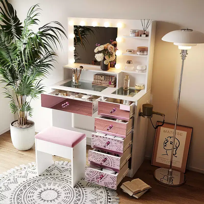 GDFStudio Madison Modern Glass-Top Wood Makeup Vanity Desk Set with Storage Stool, LED Lighted Mirror, Drawers and Charging Station