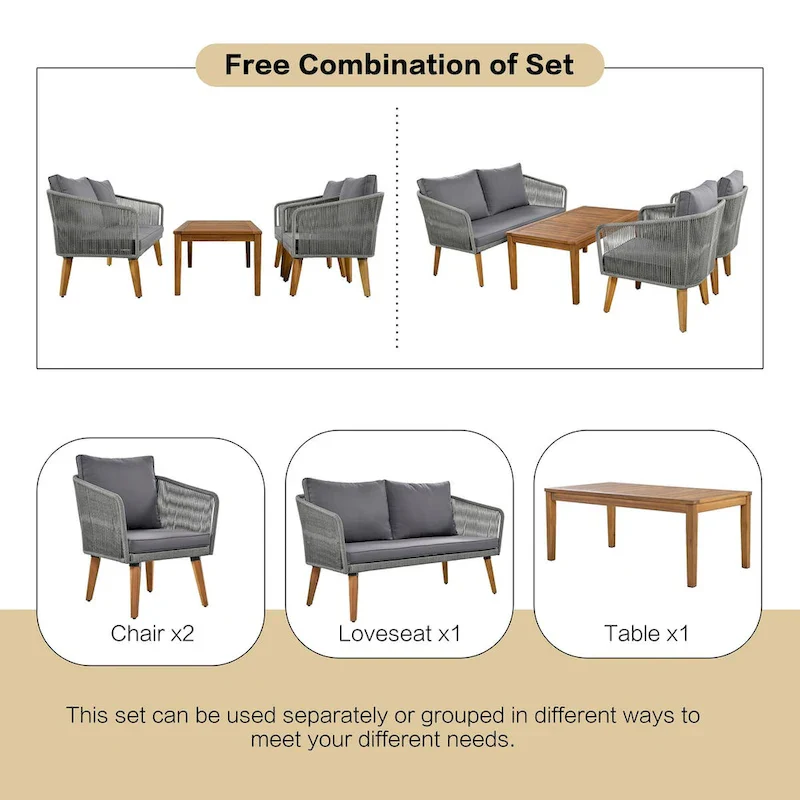 Mid-Century Modern 4-Piece Patio Set: Acacia Wood Loveseat, Chairs & Table