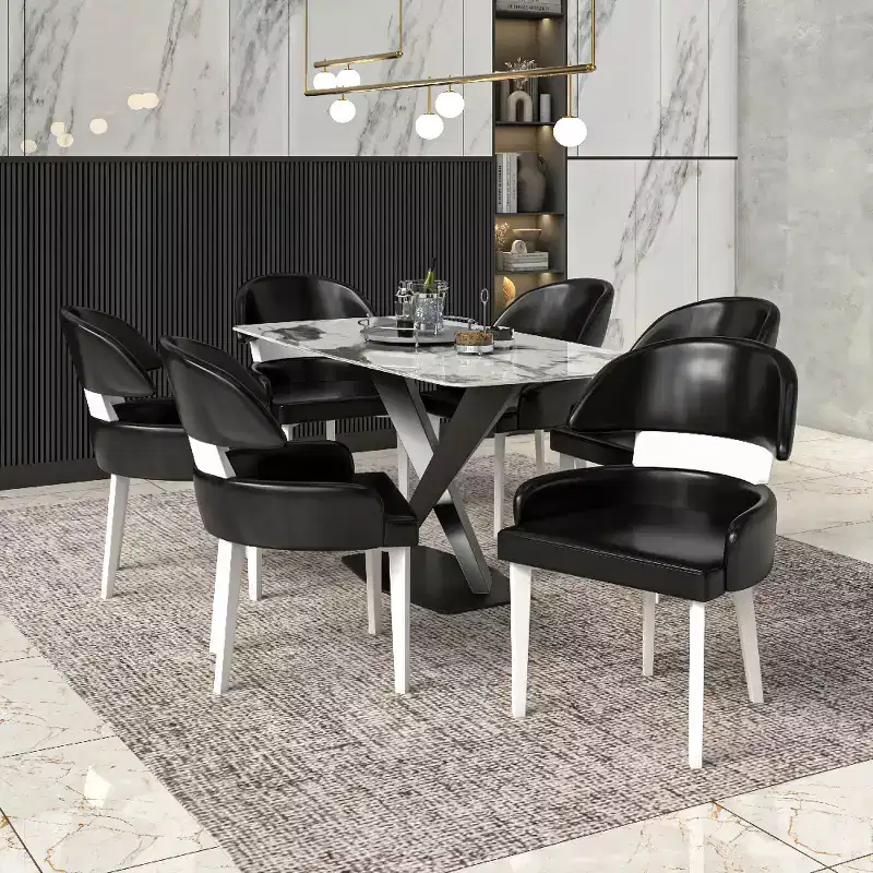 LeisureMod Ethos Modern Dining Chairs Set of 2  Leather Seats with Curved Back and Black Iron Legs, Seating for Kitchen, Dining Room, Cafe