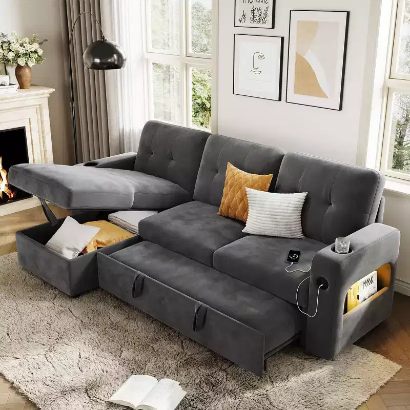 84 Inch Sleeper Sofa Couch, L-Shaped Sofa, Convertible Pull Out Sofa Bed with Storage, Charging Station, Led Lights, Modern Sectional Sofa for Room