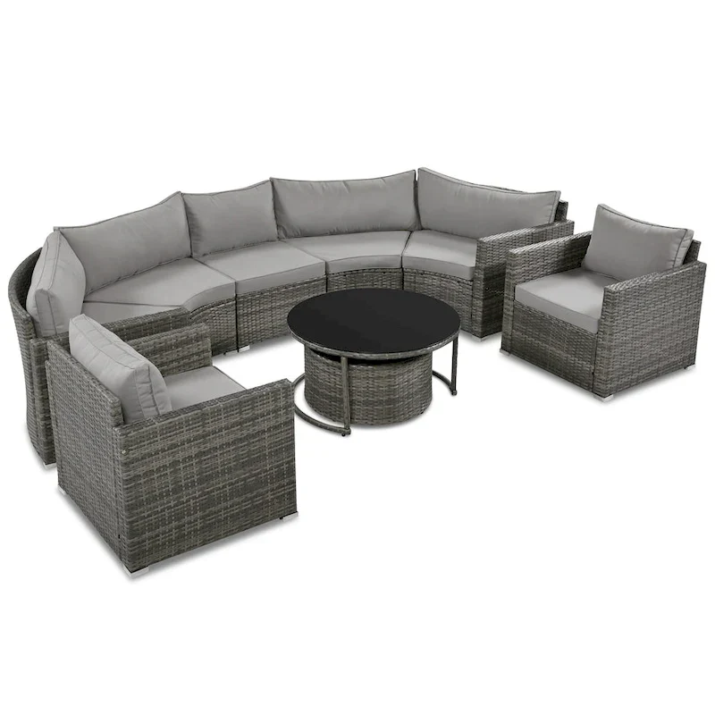 9-Piece Half-Moon Sectional Set with Nesting Table & Armchairs