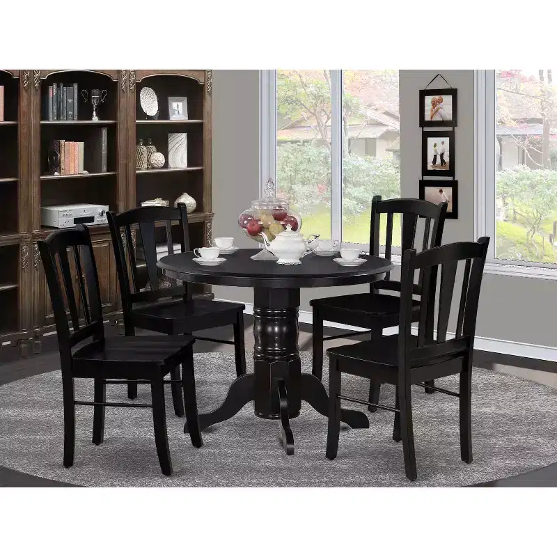 HomeStock 5-Piece Black Finish Solid Wood Top Dining table with 4 Chairs
