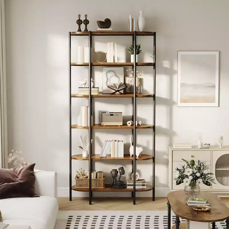 Industrial 6-Tier Oval Bookshelf, Rustic Brown Wooden & Metal Frame Tall Bookcase, Open Display Shelf Racks, Standing Bookcase