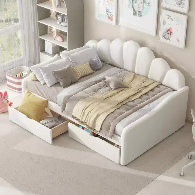 Full Size Daybed with Storage, Velvet Upholstered Sofa Bed with 2 Drawers, Modern Day Bed Frame with Shell Shaped Backrest