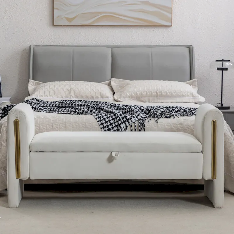 Velvet Storage Bench with Gold Metal Trim – Ivory, 1-Person Seating