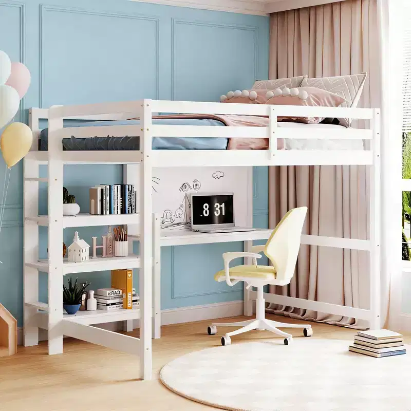 Modern Loft Bed with Bookcase, Desk & Writing Board