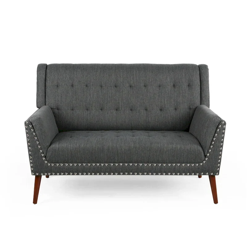 Charcoal / Beige + Walnut Mid-Century Settee, 2-Seat
