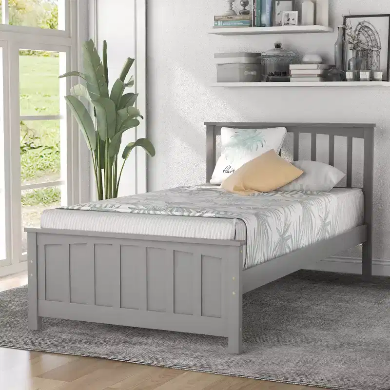 Solid Wood Twin Size Platform Bed, Twin Wooden Bed Frame with Headboard for Bedroom