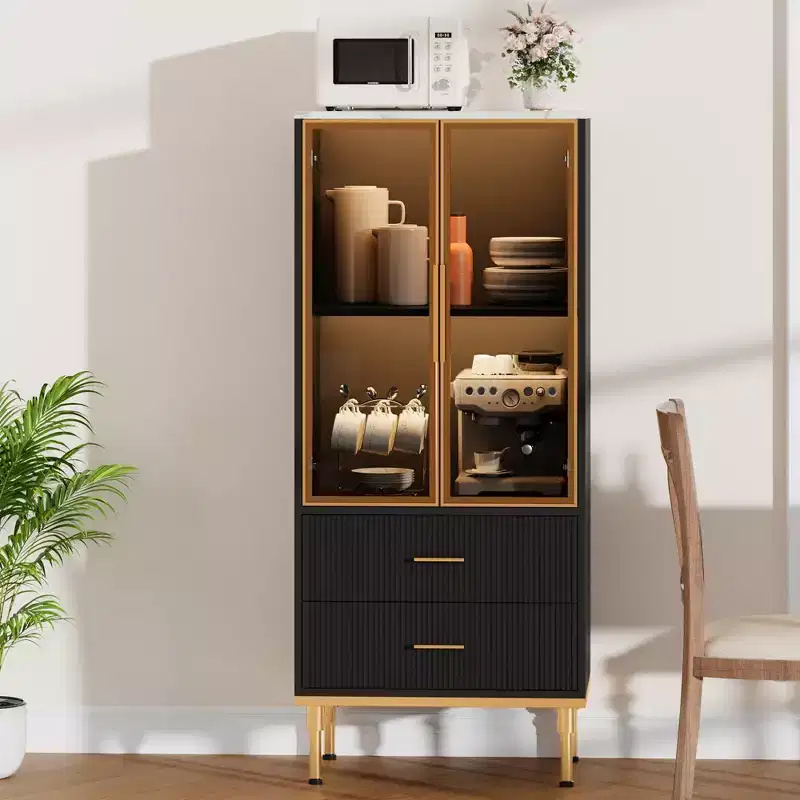 Fluted Display Cabinet with Glass Door, Modern Storage Cabinet with 2 Drawers for Living Room and Office