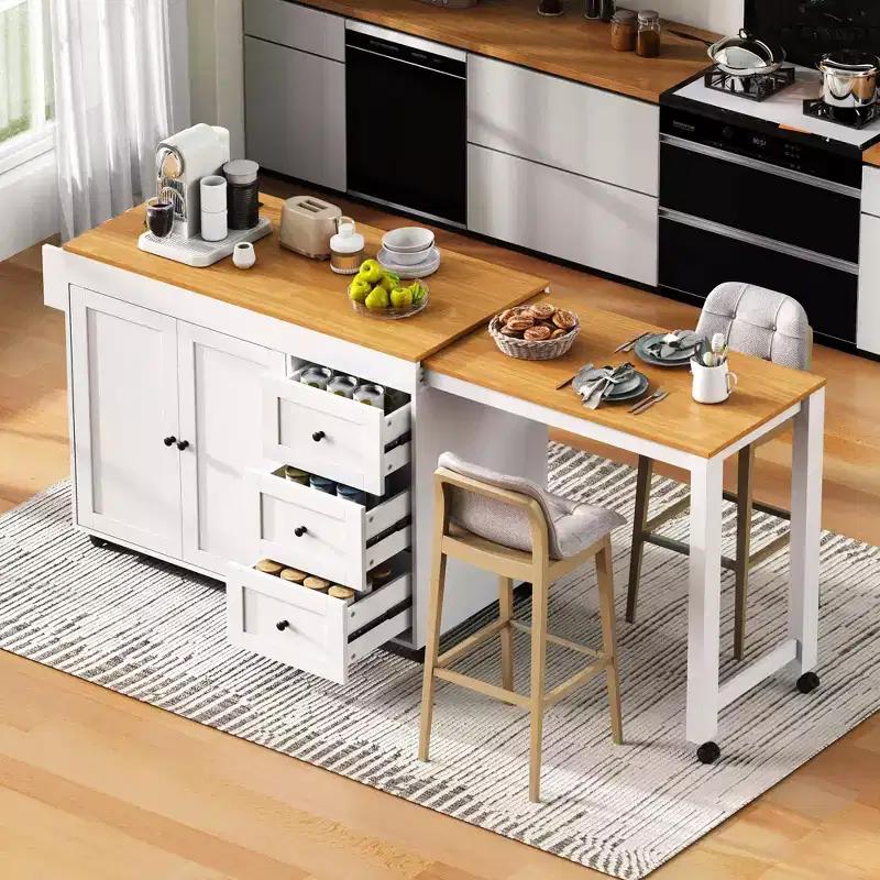 MAYEERTY Ktichen Island with Dining Table 3 Drawers Power Outlet Rolling Kitchen Island on Wheels with Spice Rack and 2 Door Cabinet for Kitchen White