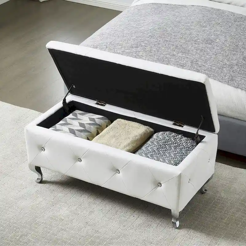 White Faux Leather Storage Ottoman Bench with Crystal Buttons, Single