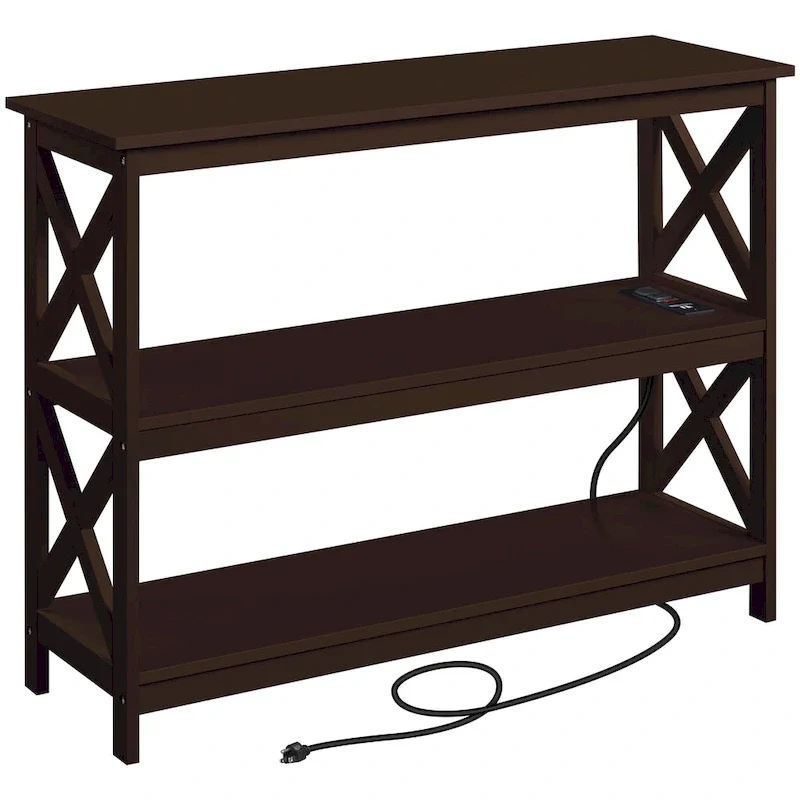 Yaheetech 3-Tier Wooden Console Table with Power Outlet Sofa Side Table