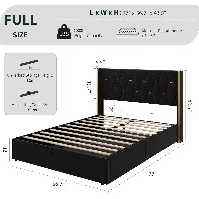 GustoWave Velvet Upholstered Lift Up Storage Bed Frame with Hydraulic Support