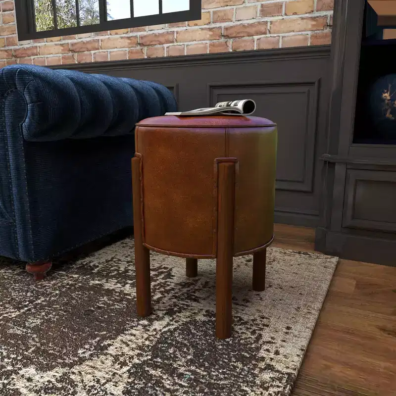 Round Tufted Leather Ottoman Stool with Wood Frame, Brown