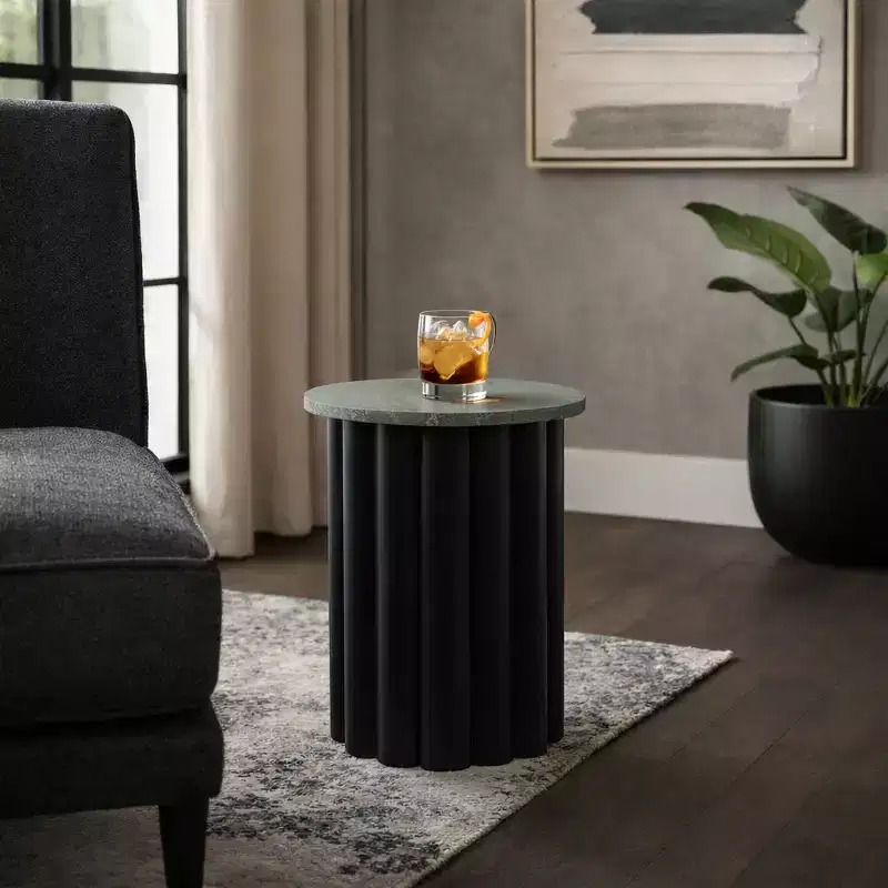 Modern End Table, Side Table, or Small Night Stand for Home Decor - Large Ribbed Table with Marble Top Perfect for Small Spaces - 20 Black & Green