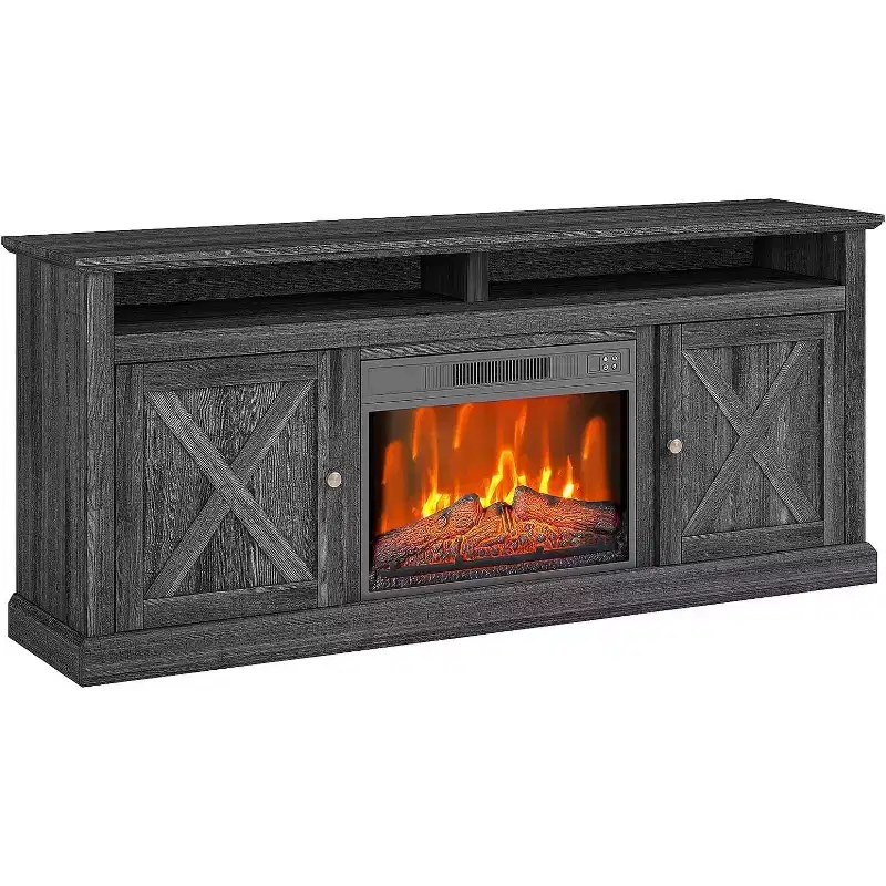 65 Inch Farmhouse TV Stand with View Window, Gray Finish Entertainment Center with Open Storage Shelves, Multi Functional Media Console