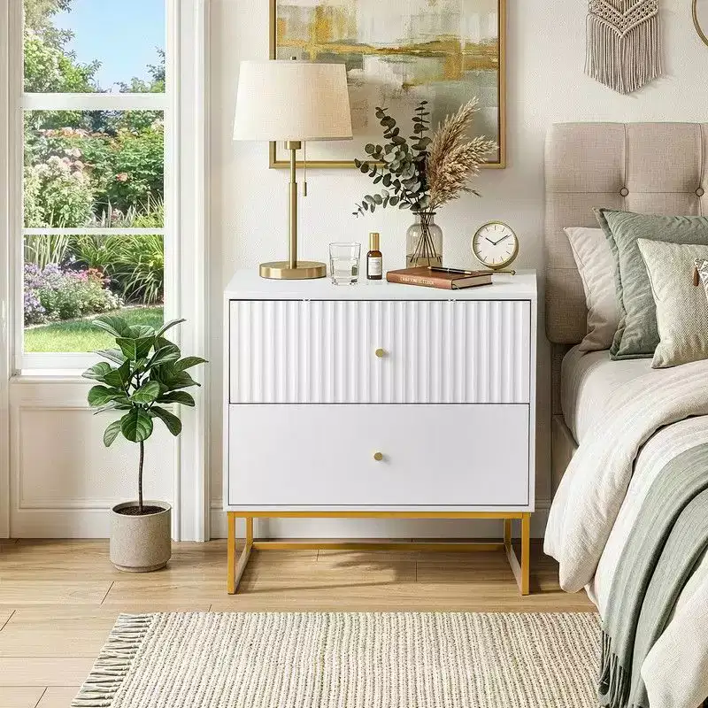 Karl Home White P2 MDF Nightstand Grid Flat 2 Drawers 27.6 Inch