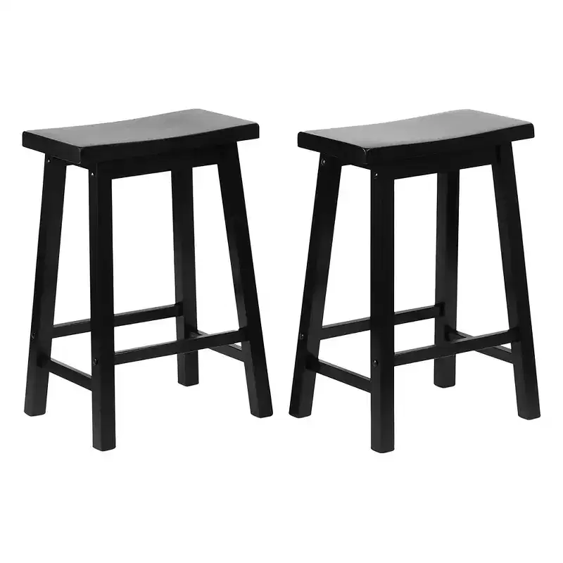 PJ Wood Classic Saddle-Seat 24 Tall Kitchen Counter Stools for Homes, Dining Spaces, and Bars w/Backless Seats, 4 Square Legs, Black (Set of 6)
