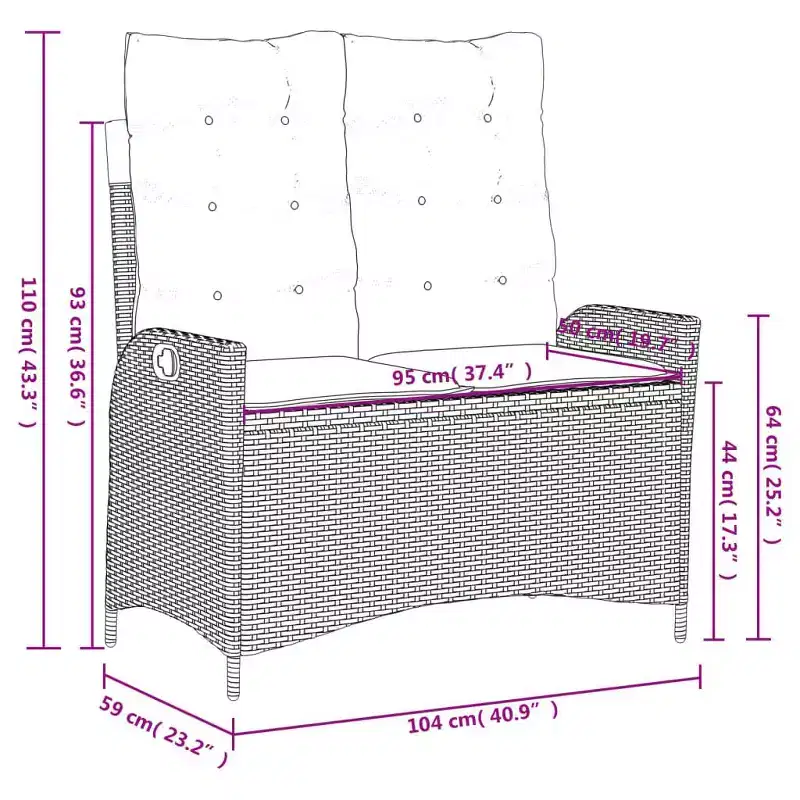 vidaXL Reclining Patio Bench with Cushions Seat Poly Rattan