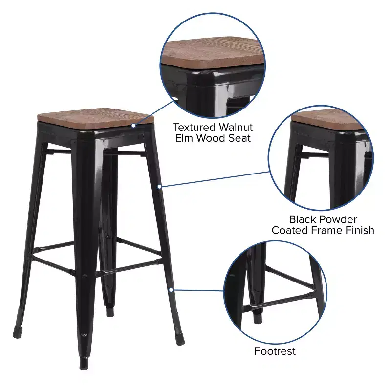 30 High Backless Metal Barstool with Square Wood Seat