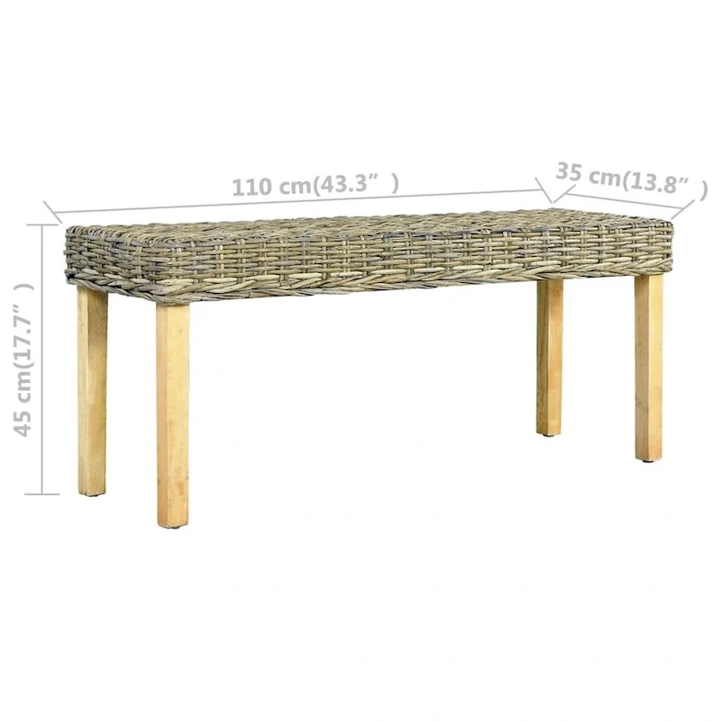 vidaXL Bench 43.3 Natural Kubu Rattan and Solid Mango Wood