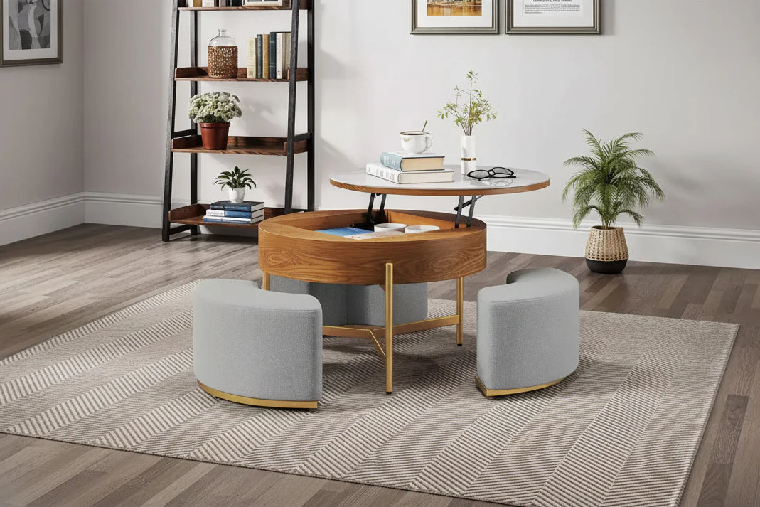 Round Lift Top Coffee Table with 3 Stools – Stone Top, Brown & White, Adjustable Height