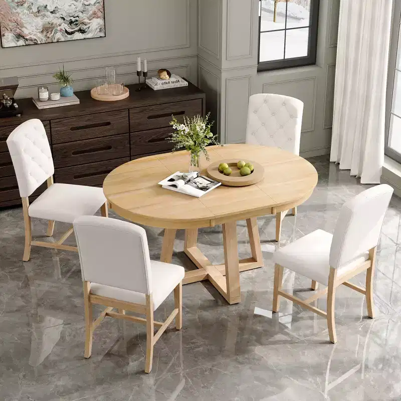 Whisen Retro Style 5-Piece Extendable Dining Set with 4-Botton Tufted Upholstered Chairs