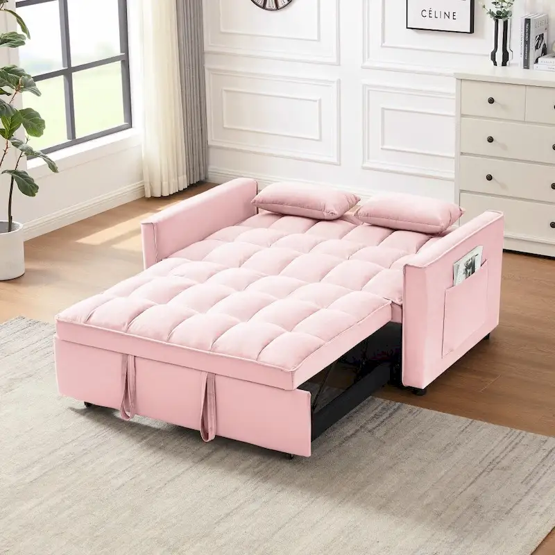 3 in 1 Convertible Velvet Sofa Couch w/Pullout Bed and Reclining Backres