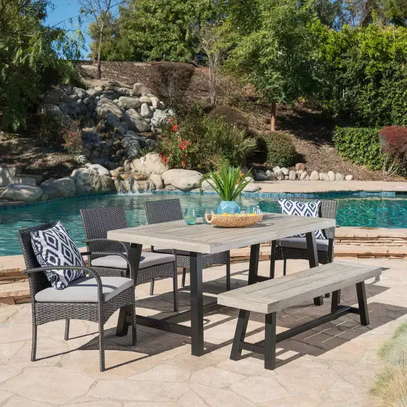 Christopher Knight Home Luster Outdoor Acacia Wood and Wicker 6 Piece Dining Set with Bench