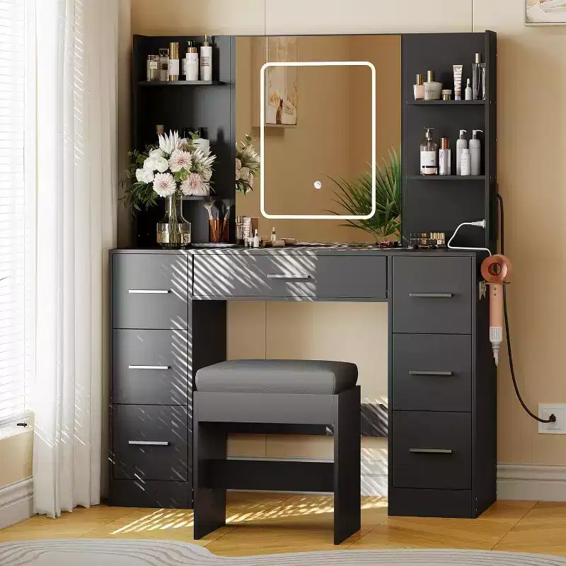 Vanity Desk with Mirror and Chair, Makeup Vanity Table with 7 Drawers and 6 Storage Shelves Dressing Table for Bedroom Dressing Room