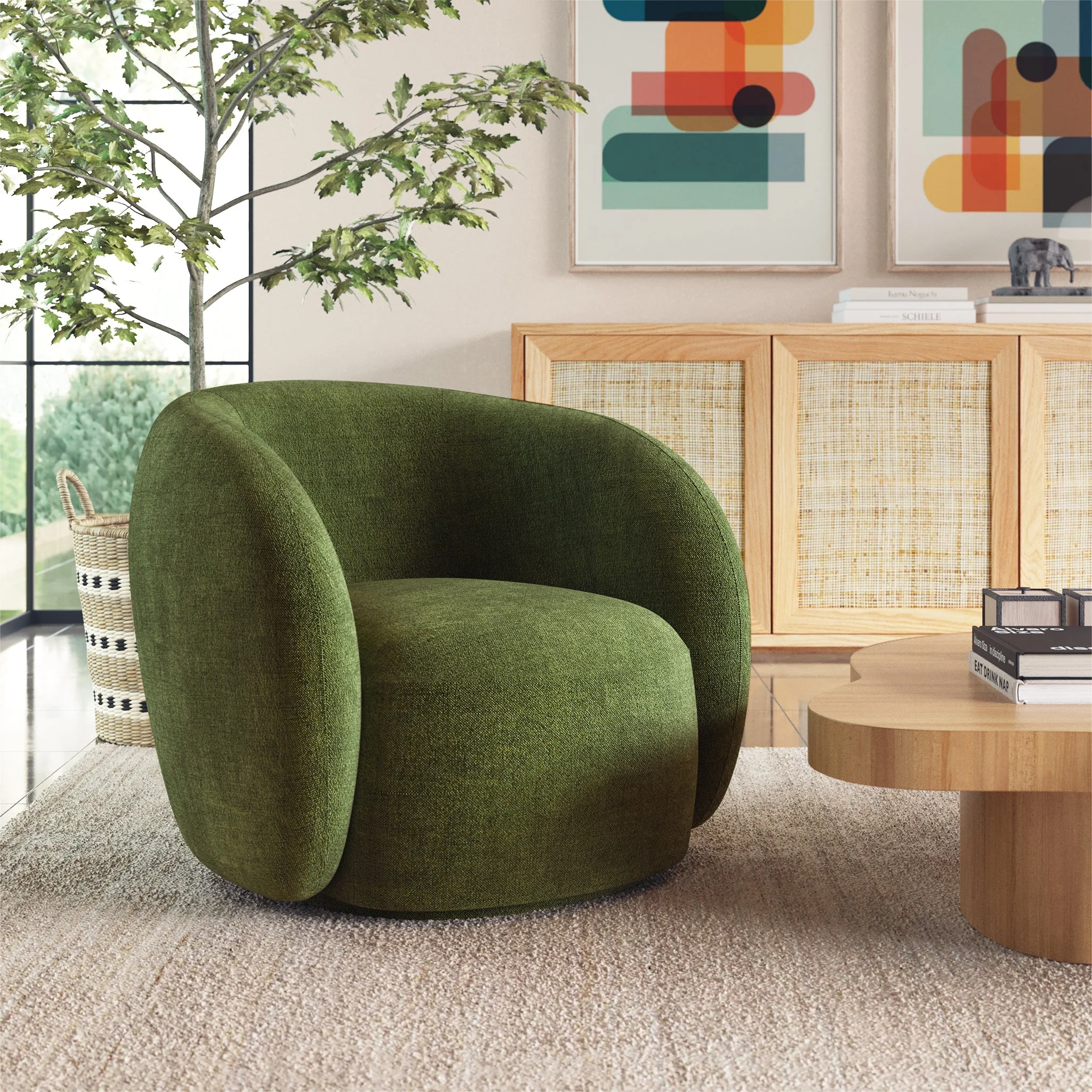 Modern Distressed Green Swivel Lounge Chair with Swivel Base