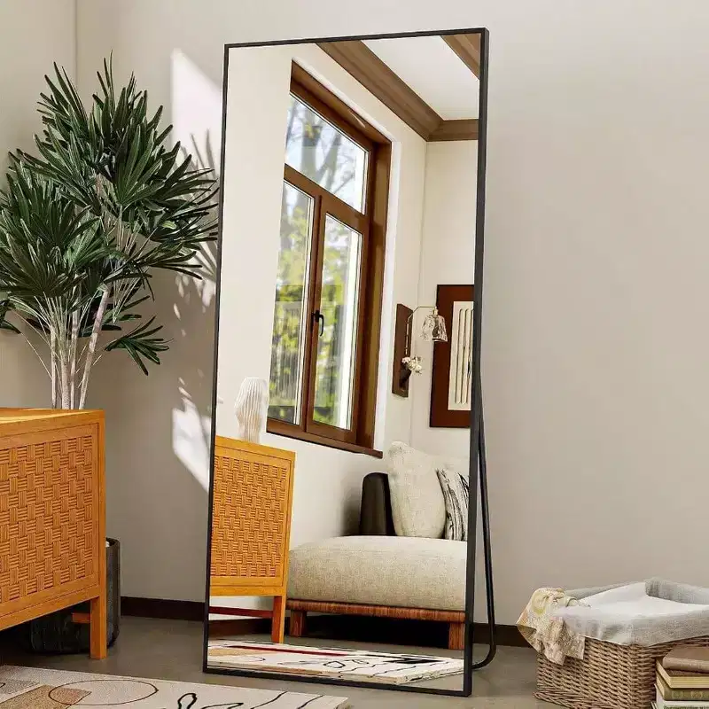 Mirror Full Length 21 inchx 57 inch Floor Mirror with Stand Aluminum Alloy Frame Black Standing Hanging or Leaning Against Wall