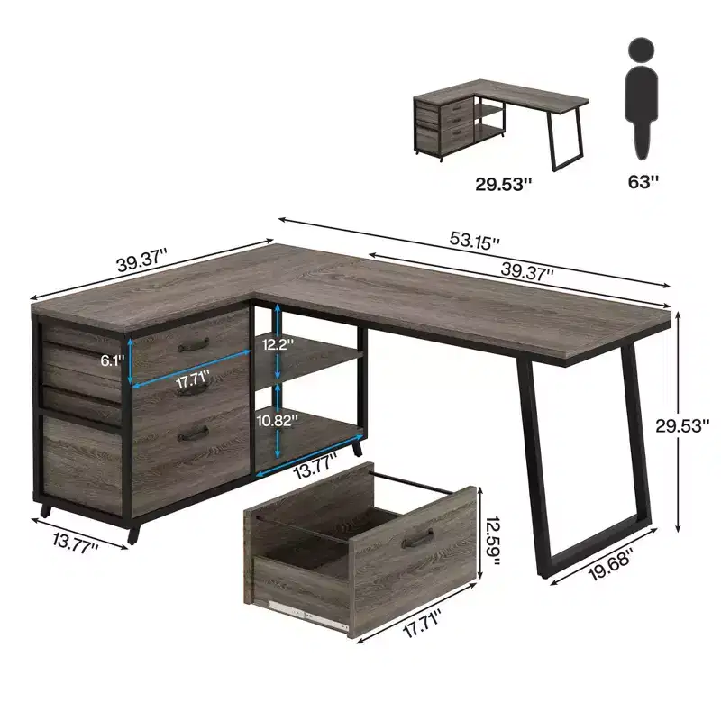 MAYEERTY Reversible L-Shaped Desk with 3 Drawers & Open Shelves, 53 Home Office Computer Desk