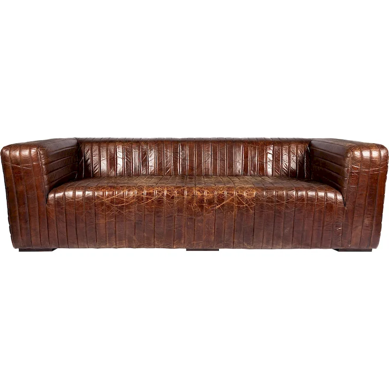 Modern Channel-Stitched Top-Grain Leather Sofa, 3-Seater